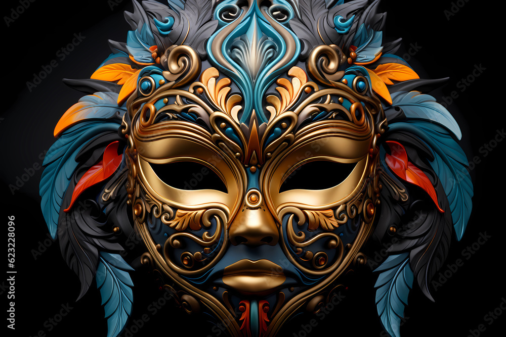 Portrait of a festival mask with beautiful feathers and fine details. Generative AI