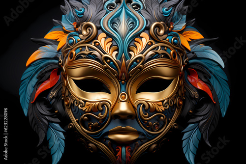 Portrait of a festival mask with beautiful feathers and fine details. Generative AI © Varma