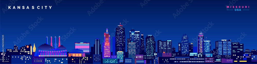 Kansas City blue night skyline and glowing lights. - obrazy, fototapety, plakaty 