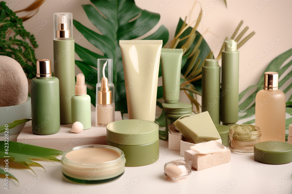 Eco-friendly cosmetics line with organic facial skincare, makeup, and cosmetic items, all adorned with delicate green leaves and flowers against studio background