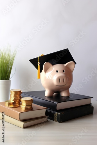 Piggy bank, books and graduation hat. Concept of finance, credit, student loan for education, economy and money savings. 