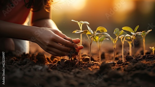 Female hands nurturing soil for plant growth. Agriculture, gardening, and ecology concept. Touching the earth with care and preparing for the growth of vegetable or plant seedlings photo