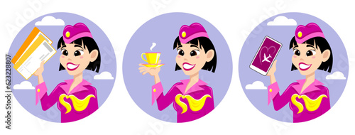 Smiling flight attendant with service items on board. A set of three images of a crew member