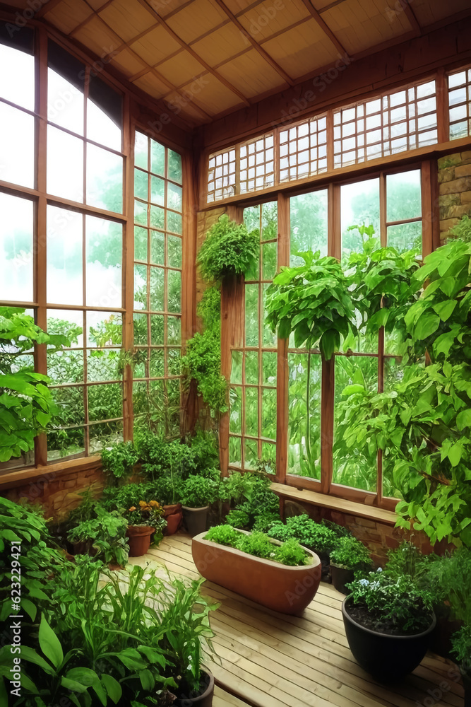 Fototapeta premium A spacious botanical garden in a large greenhouse. The concept of gardening and gardening.