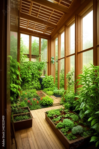 A spacious botanical garden in a large greenhouse. The concept of gardening and gardening.
