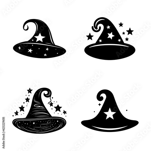 set of different halloween hat vector. witch hat element silhouette Halloween party decorations.  Vector illustration in the style of flat.