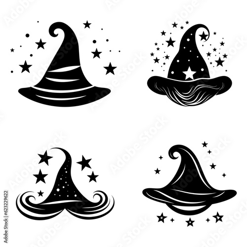 set of different halloween hat vector. witch hat element silhouette Halloween party decorations.  Vector illustration in the style of flat.