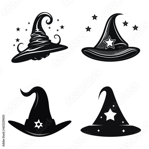 set of different halloween hat vector. witch hat element silhouette Halloween party decorations.  Vector illustration in the style of flat.
