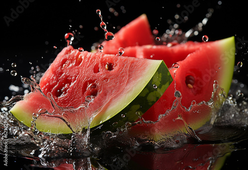 Photo water splashing on sliced of watermelon