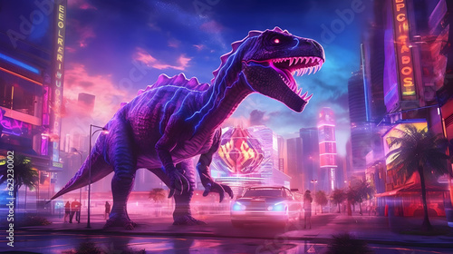 A photo og Dinosaur as a walkable city with lots of Purple space and a Beautiful Background Light Buildings Flash,Ai © Mian