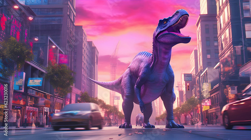 A photo og Dinosaur as a walkable city with lots of Purple space and a Beautiful Background Light Buildings Flash,Ai