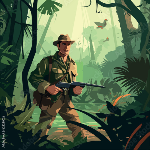 Hunter portrait in jungle flat design vector  
