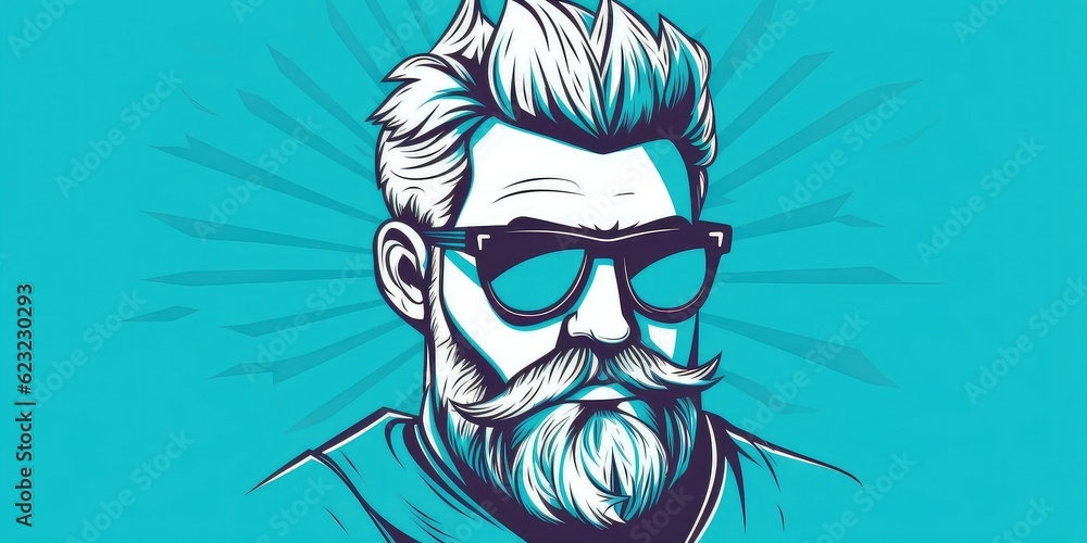Generative AI. Prostate cancer awareness concept. Beard and moustache concept. Blue background of male cancer. Trendy hipster man with glasses ad beard.