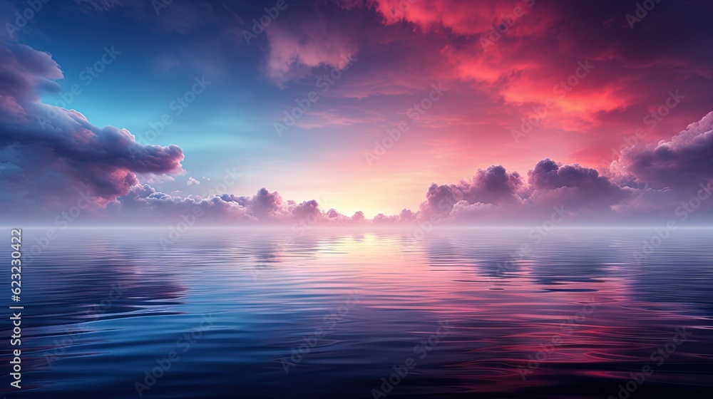  a beautiful sunset over the ocean with clouds in the sky.  generative ai