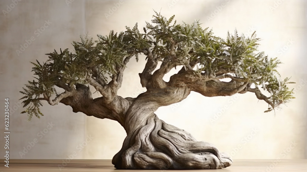 a bonsai tree is shown on a wooden table in a room. generative ai a bonsai tree is shown on a wooden table in a room. generative ai