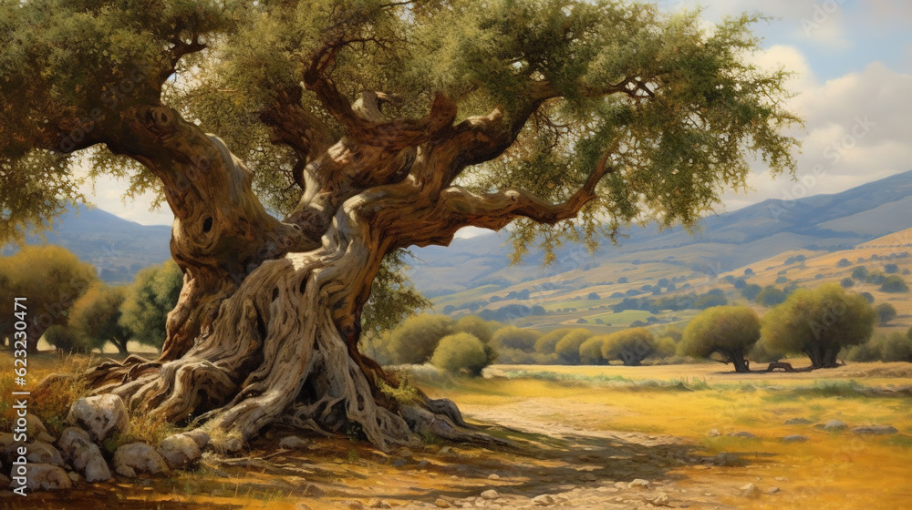 a painting of a tree in a field with mountains in the background. generative ai a painting of a tree in a field with mountains in the background. generative ai