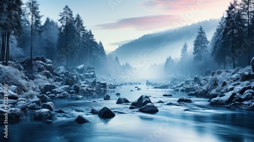  a river running through a forest filled with snow covered rocks.  generative ai © Anna