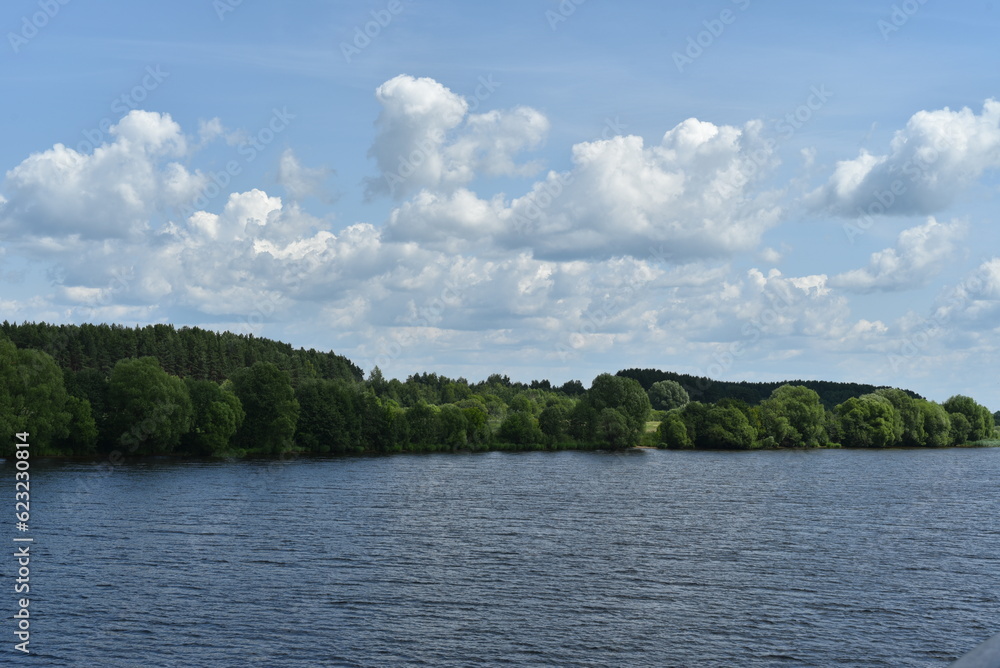 Summer sunny landscape. View of the river, green shore, dense forest, blue sky with white clouds. Beauties!