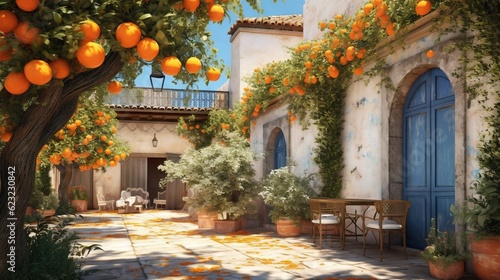  an orange tree in front of a house with oranges on it.  generative ai © Anna
