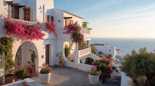  a house with flowers on the balcony and a view of the ocean. generative ai