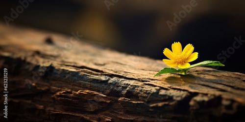 AI Generated. AI Generative. Beautiful yellow flower growing from wooden brick block table. Floral power strong nature outdoor vibe. Graphic Art