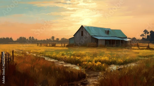  a painting of a barn in a field with a stream running through it. generative ai