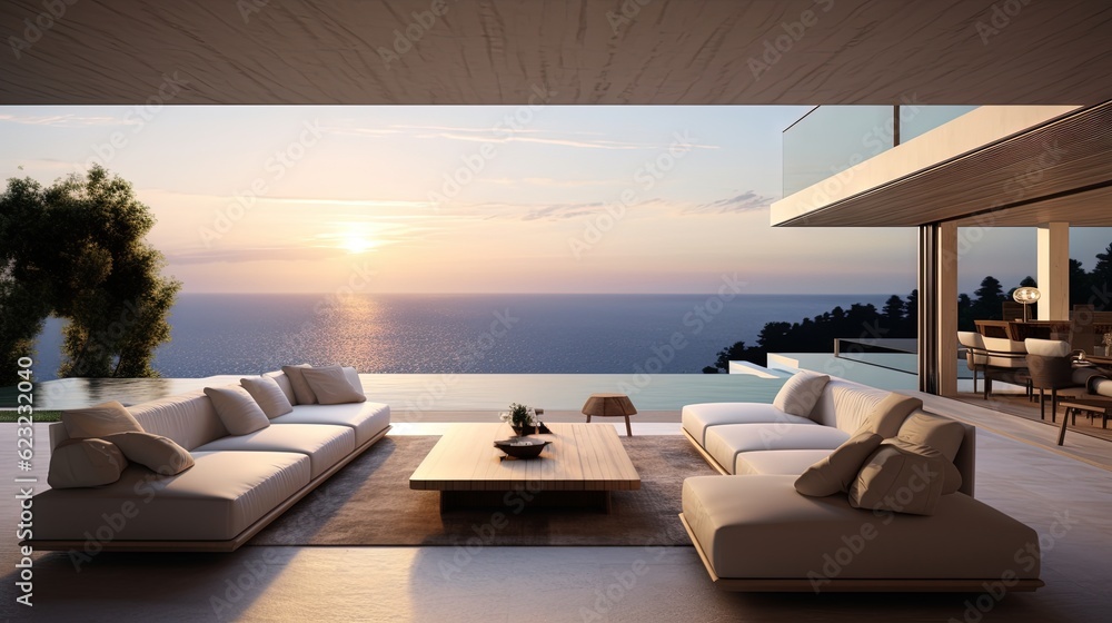 Fototapeta premium a living room filled with furniture next to a large window. generative ai