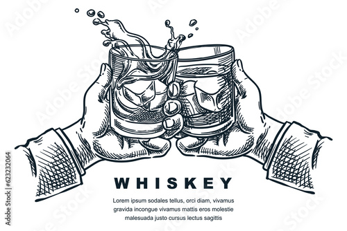 Billede på lærred Hands cheers toast with whiskey or bourbon glasses