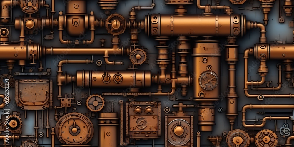 AI Generated. AI Generative. Steam punk pipes valve connection pattern decoration wallpapper design. Graphic Art AI Generated. AI Generative. Steam punk pipes valve connection pattern decoration wallpapper design. Graphic Art