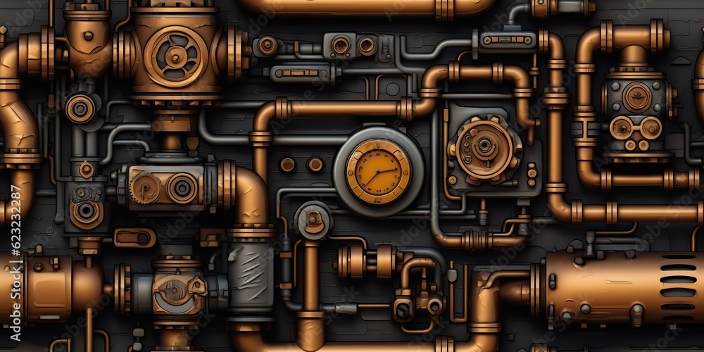 Fototapeta premium AI Generated. AI Generative. Steam punk pipes valve connection pattern decoration wallpapper design. Graphic Art