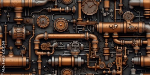 AI Generated. AI Generative. Steam punk pipes valve connection pattern decoration wallpapper design. Graphic Art