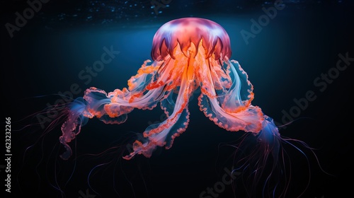  a jellyfish is swimming in the water with its head turned to the side.  generative ai © Anna