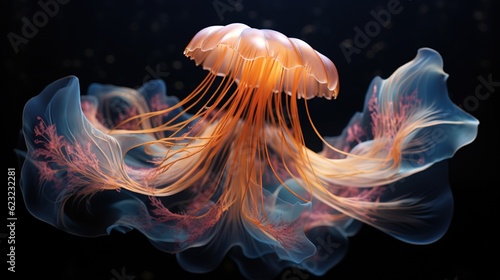  a jellyfish is floating in the water with a black background.  generative ai © Anna