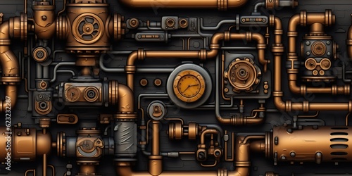 AI Generated. AI Generative. Steam punk pipes valve connection pattern decoration wallpapper design. Graphic Art © AkimD