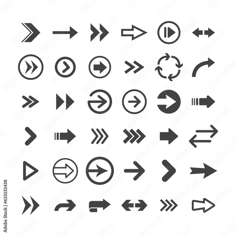 Arrow icon set. Collection of different arrows. Black vector pictogram. Arrow icon set. Collection of different arrows. Black vector pictogram.