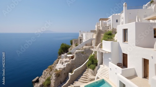  a view of the ocean from a cliff side house in greece. generative ai