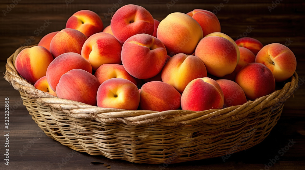 a wicker basket filled with lots of ripe peaches. generative ai a wicker basket filled with lots of ripe peaches. generative ai