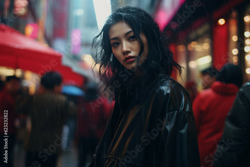 Street photography of a asian woman on a busy street,