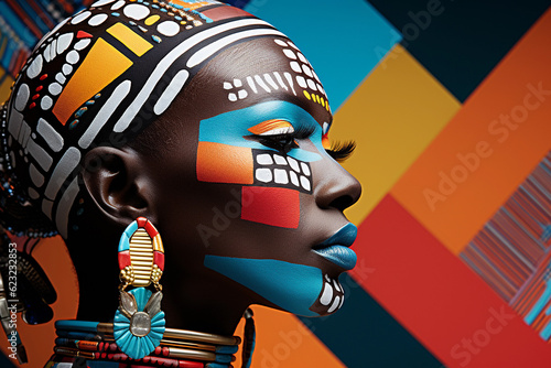 African woman with her face painted with abstract patterns and