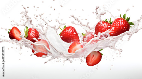 Juicy strawberries collide with a creamy milk splash, creating an enticing composition against a clean white backdrop.