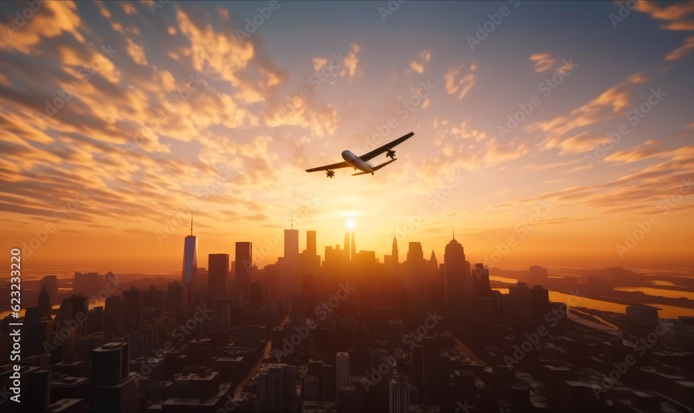 Plane soaring above the dark silhouettes of skyscrapers at sunset. Golden hour in the metropolis. Generative AI. Plane soaring above the dark silhouettes of skyscrapers at sunset. Golden hour in the metropolis. Generative AI.