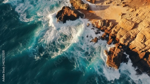  an aerial view of a rocky coastline with waves crashing against the rocks. generative ai
