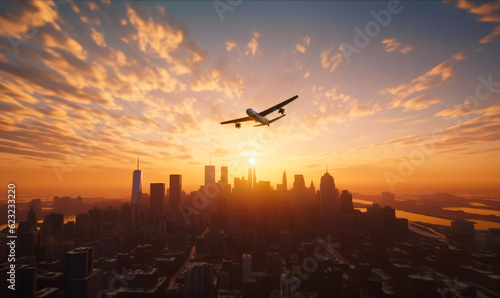 Plane soaring above the dark silhouettes of skyscrapers at sunset. Golden hour in the metropolis. Generative AI.