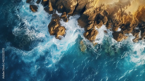  an aerial view of the ocean with waves crashing against the rocks.  generative ai © Anna