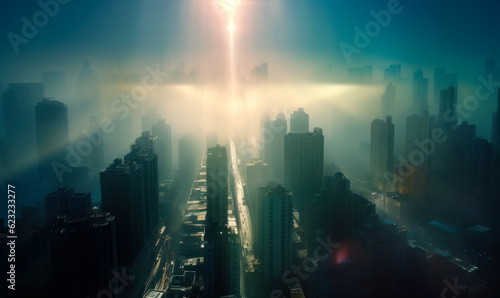 Source of bright light in the dark sky lighting the city. Metropolis panorama from top view. Generative AI.