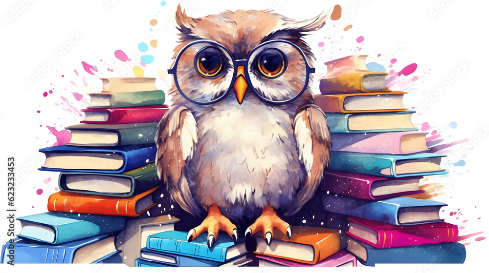 An owl wearing round glasses, next to a pile of books in different colors. On a white background. cartoon style,Ai An owl wearing round glasses, next to a pile of books in different colors. On a white background. cartoon style,Ai