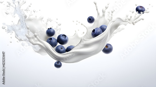 The creamy yogurt splash and the vibrant blue of blueberries combine harmoniously on a white background, evoking a feast for the eyes. photo