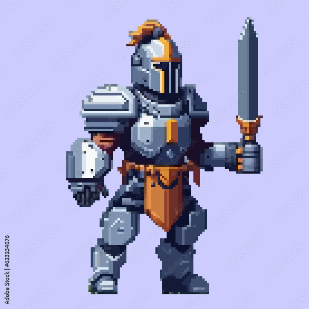 Robot pixel art character for 8 bit game scenery arcade video game