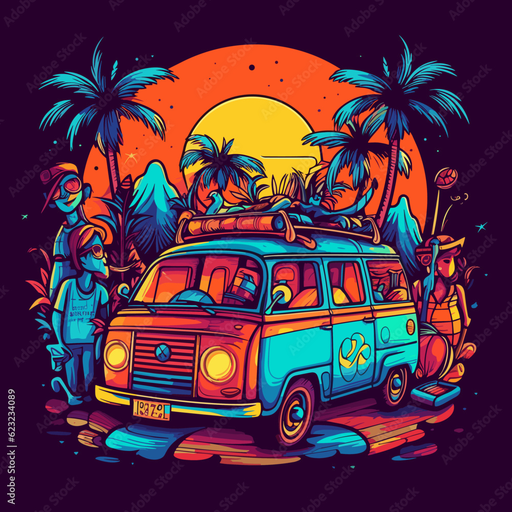 Hikers camp among the palm trees at sunset. Cartoon illustration.