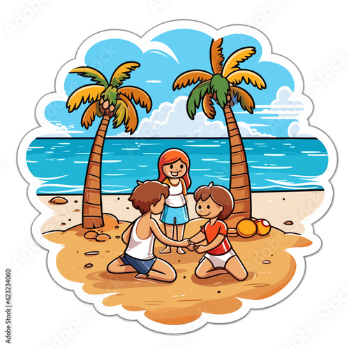 Children playing on the sandy beach by the sea. Summer holidays and fun. Cartoon illustration.